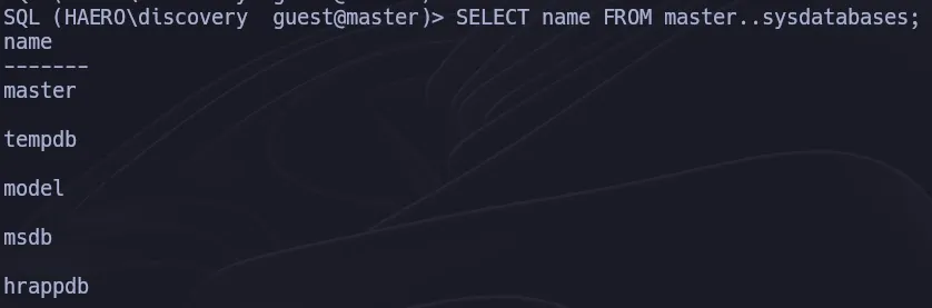 MSSQL query listing available databases including the non-standard hrappdb