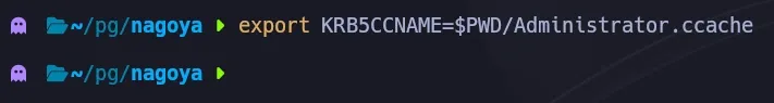 KRB5CCNAME exported to point to the forged Administrator.ccache ticket file