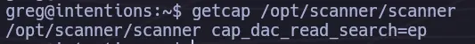 getcap showing cap_dac_read_search capability set on the ndsudo scanner binary
