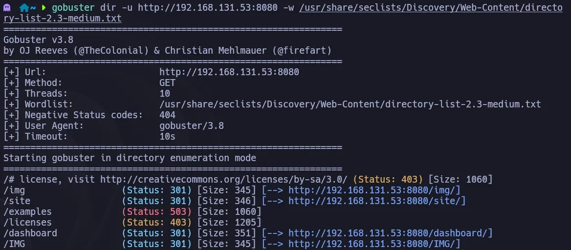 Gobuster discovering the /site directory on port 8080