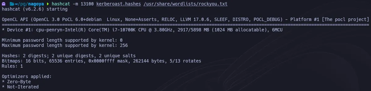 Hashcat cracking the svc_mssql TGS hash revealing password 'Service1'