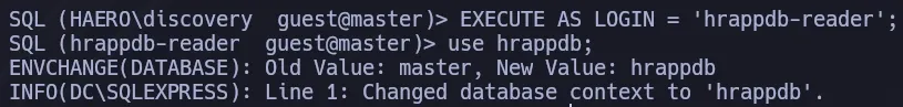 EXECUTE AS LOGIN impersonating hrappdb-reader to access the hrappdb database