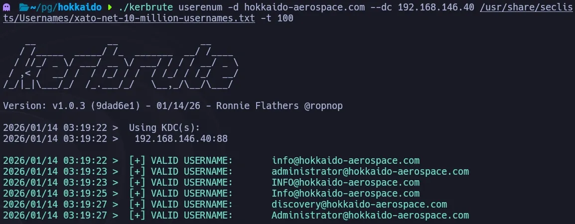 Kerbrute validating usernames against the hokkaido-aerospace.com domain