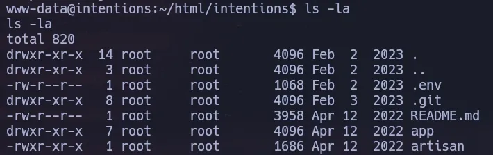 ls -la of the web root revealing a .git directory owned by root