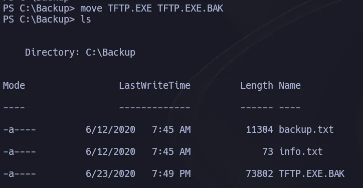 TFTP.EXE renamed to TFTP.EXE.BAK to back up the original and free the filename