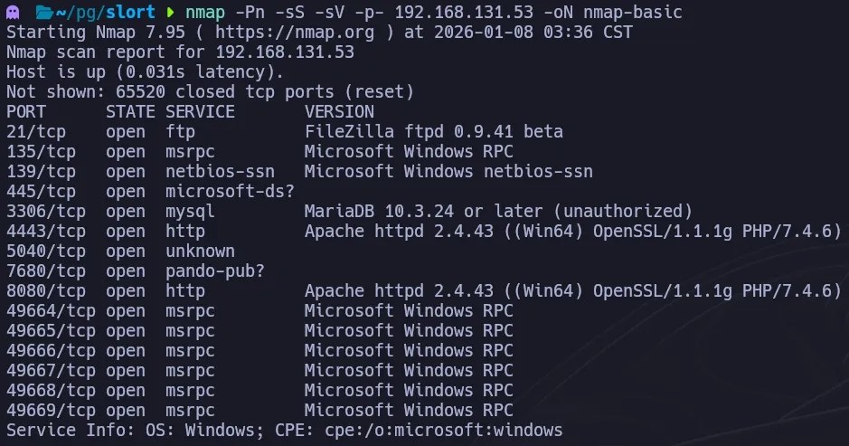 Nmap basic SYN scan showing open ports on Slort including port 8080