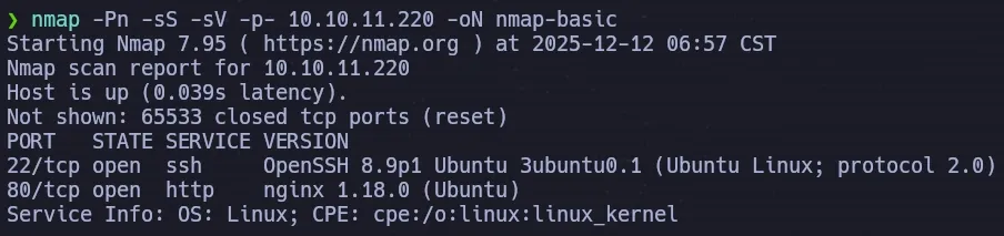 Nmap basic scan showing ports 22 (SSH) and 80 (nginx) open on Intentions