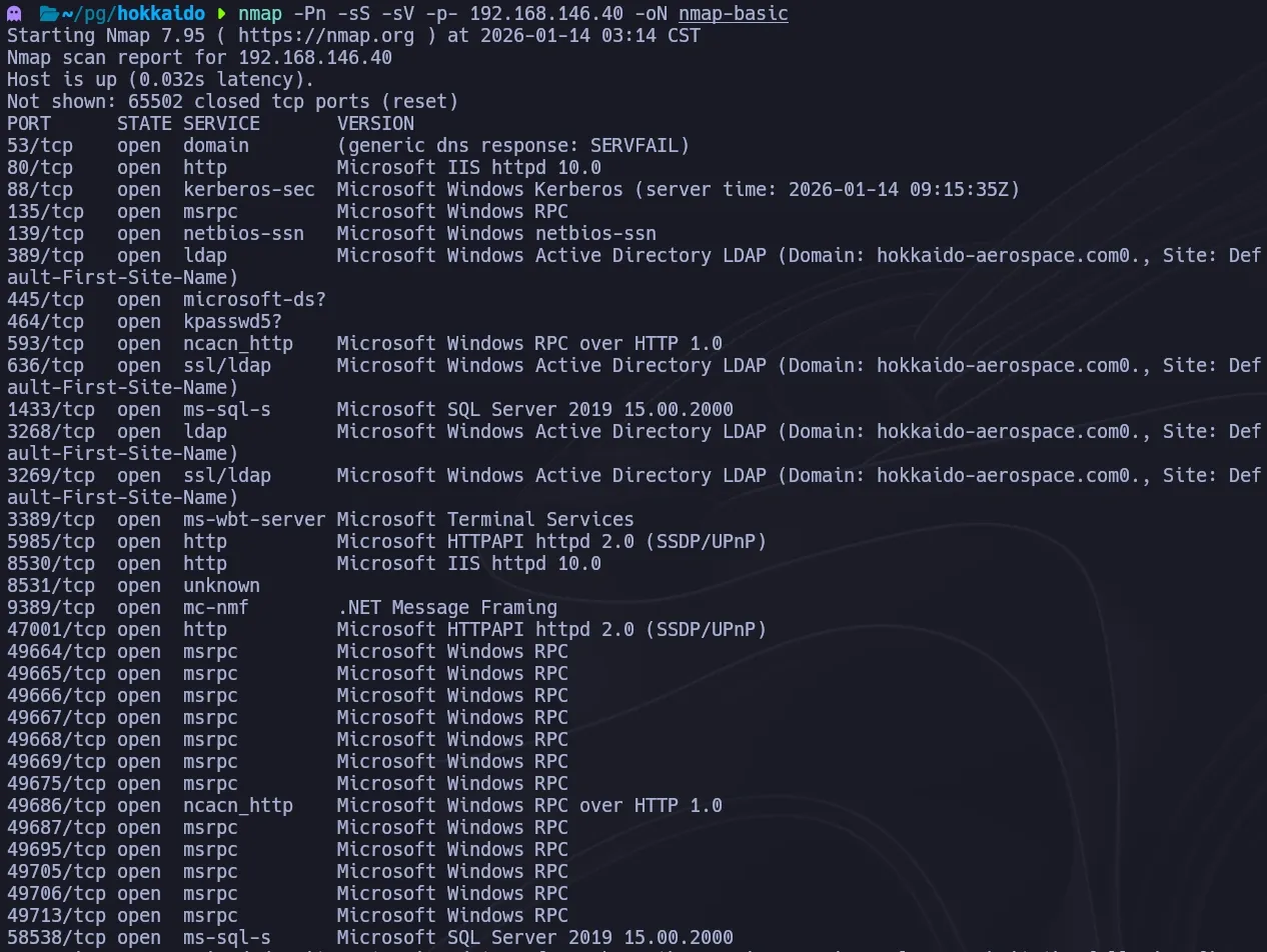 Nmap basic SYN scan showing open ports on Hokkaido