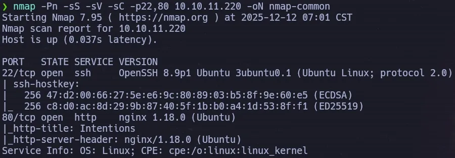 Nmap targeted scan with default scripts on ports 22 and 80