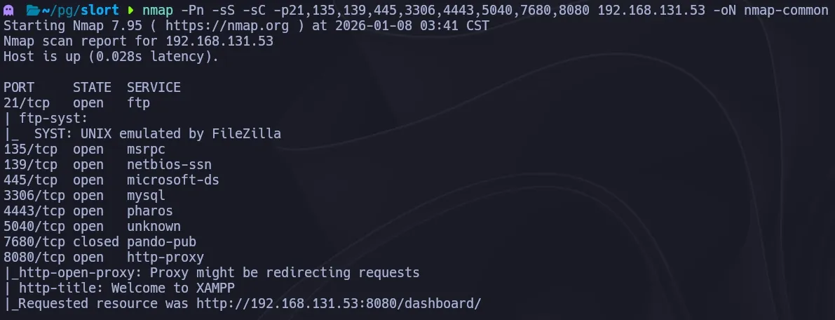 Nmap targeted scan revealing XAMPP web server on port 8080 and additional services