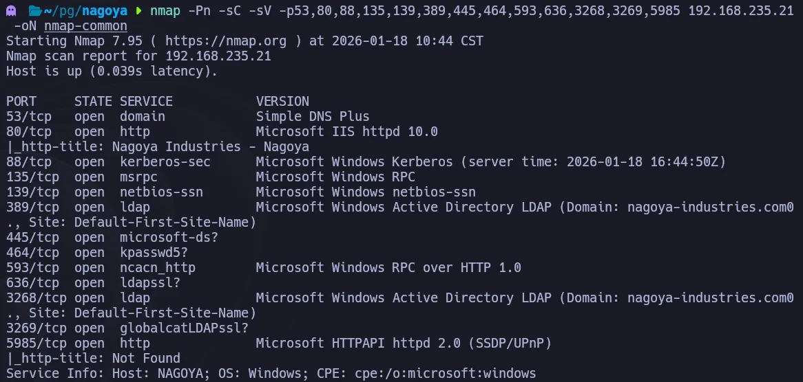 Nmap targeted scan confirming Windows DC with web server on port 80