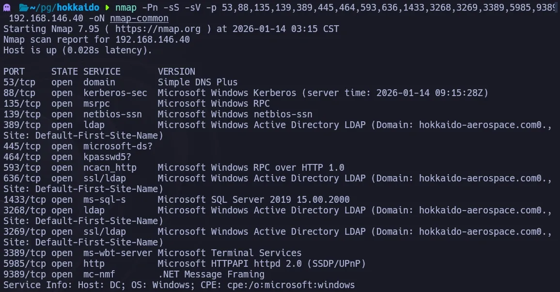 Nmap targeted scan confirming Windows DC with MSSQL (port 1433) exposed