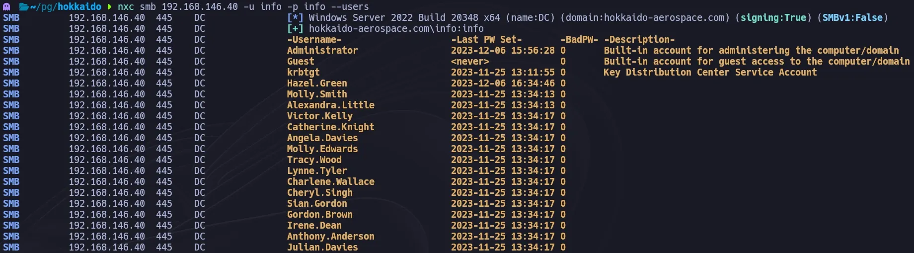 NetExec listing all domain users authenticated as info