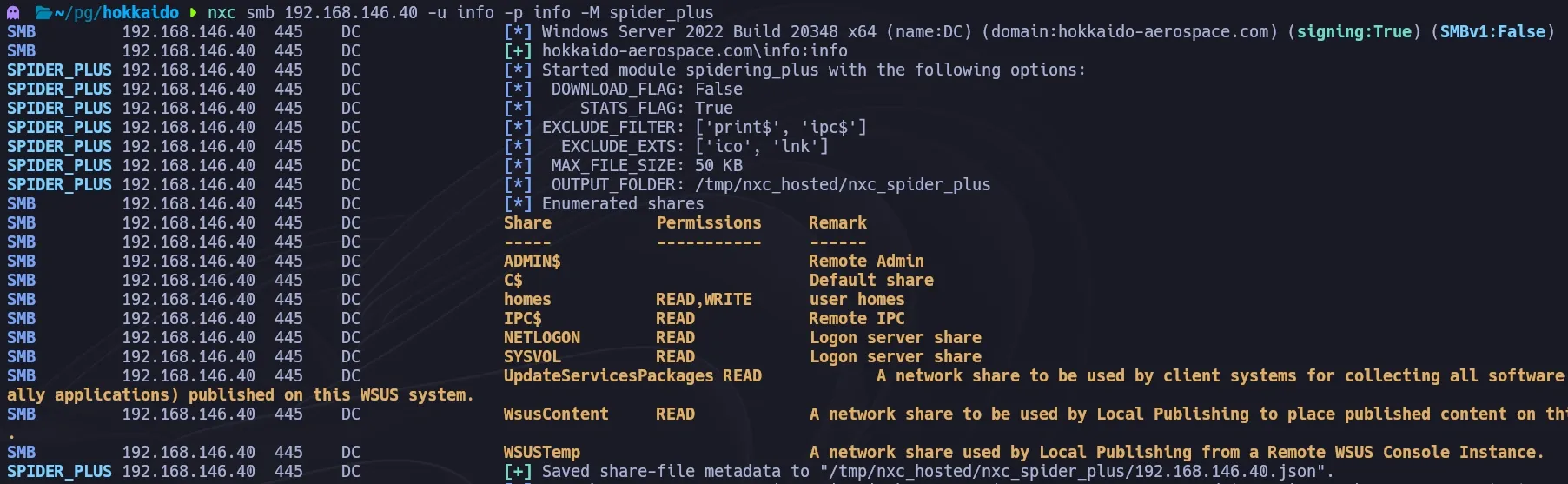 NetExec spider_plus module crawling SMB shares accessible to the info user