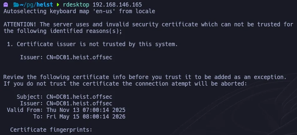 RDP connection established to Heist via rdesktop