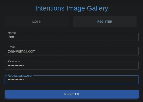 New account registration on the Intentions gallery platform
