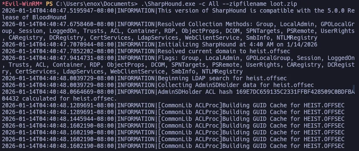 SharpHound collecting all domain data for BloodHound analysis