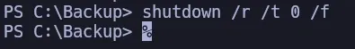 shutdown /r command forcing an immediate reboot to trigger the malicious scheduled TFTP.EXE on startup