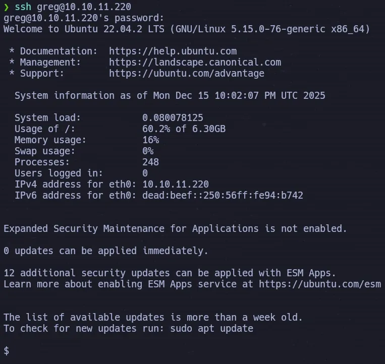 SSH access to the machine as greg using hardcoded credentials from Git commit history