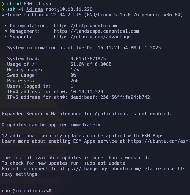SSH login as root using the extracted private key, completing privilege escalation