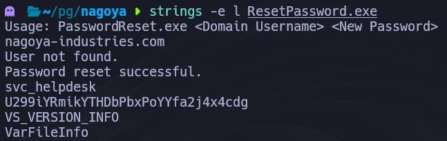 strings -e l output revealing svc_helpdesk credentials from the downloaded temp file