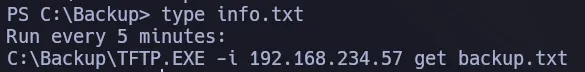 C:\Backup\info.txt contents revealing that TFTP.EXE runs as a scheduled task every 5 minutes